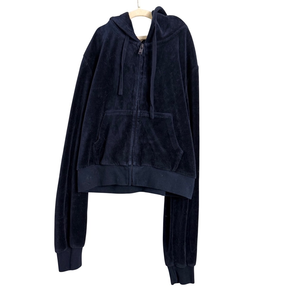 John Galt California Velour‎ Zip Up Hoodie Navy Blue Cropped Sweatshirt